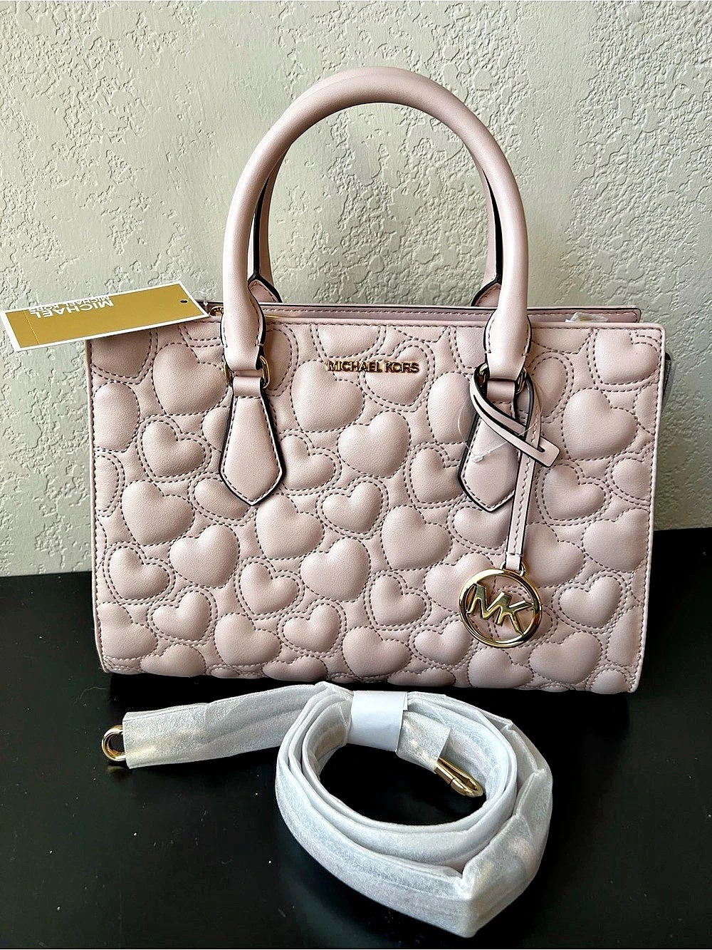 NWT Michael Kors Sheila Medium Heart Embroidered Satchel in Powder Blush Pink